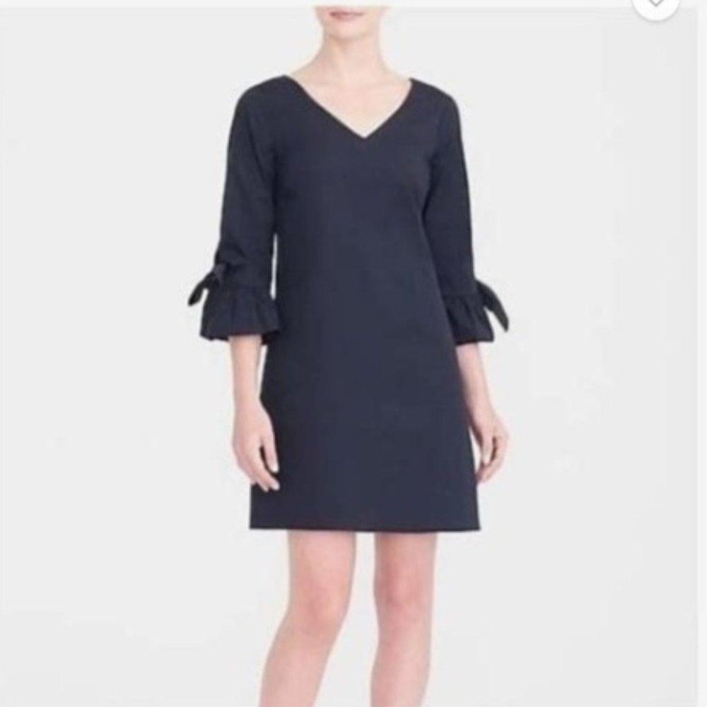 J Crew Bell Tie Sleeve Black Shift Dress V Neck Size 0